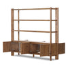 Wooden bookshelf with open doors on a white background