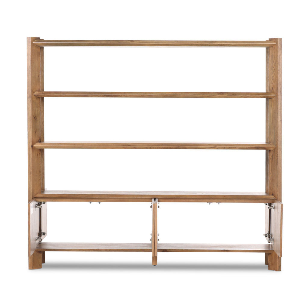 Wooden bookshelf with glass panels on a white background
