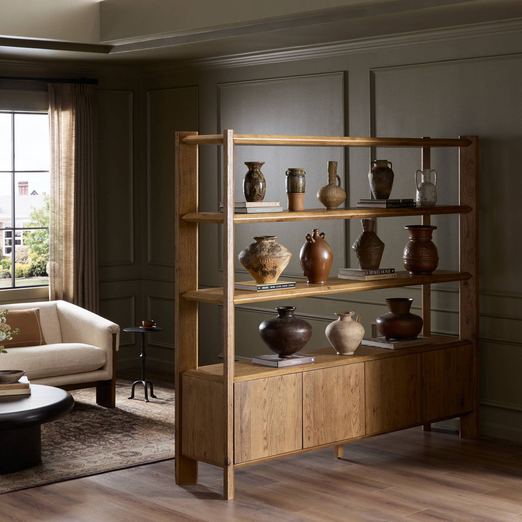 Wooden shelf bookcase with decorative vases in a living room setting