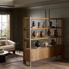 Wooden shelf bookcase with decorative vases in a living room setting