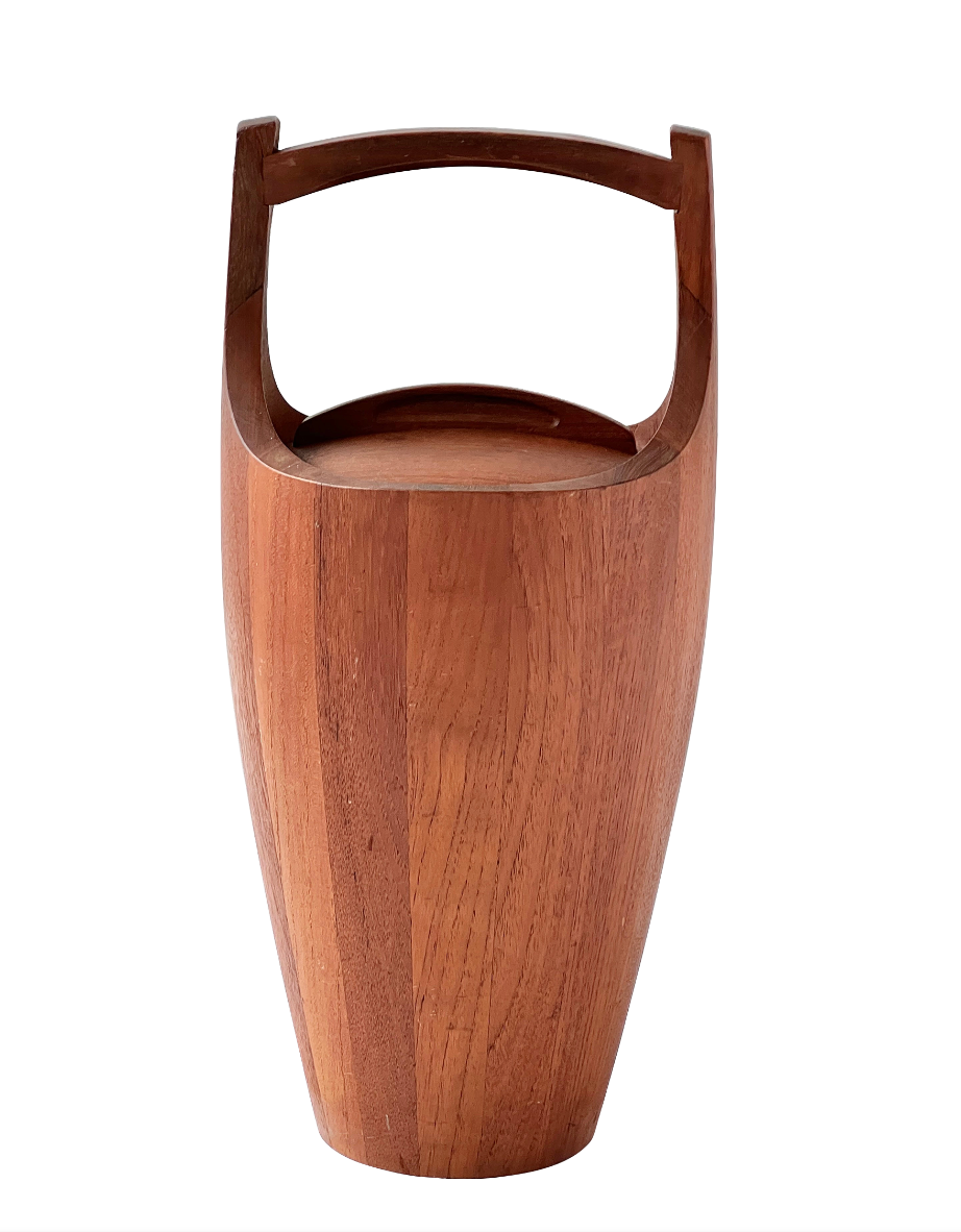 Wooden vase with a handle on a white background