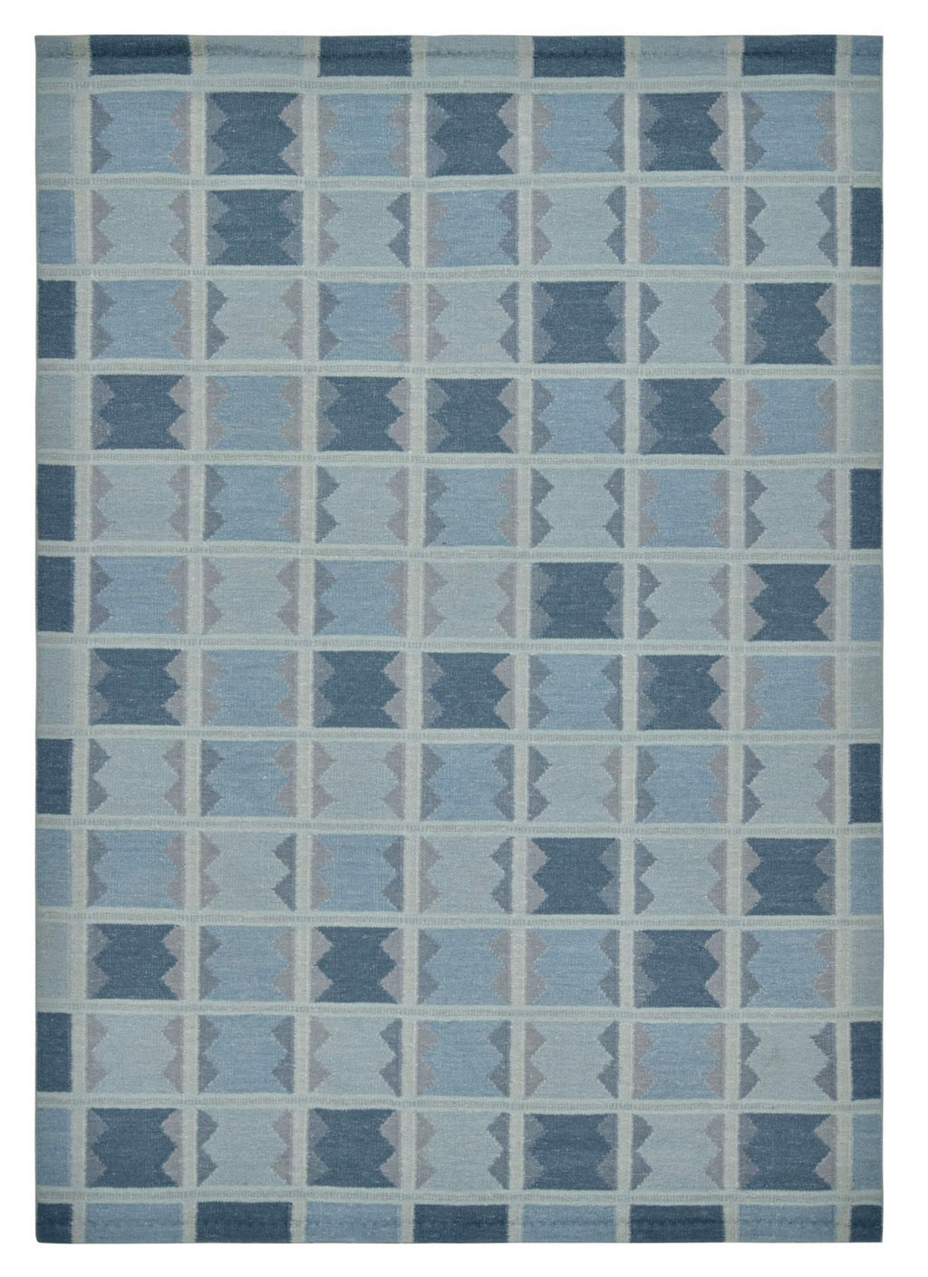 Patterned rug with blue and gray geometric design on a white background