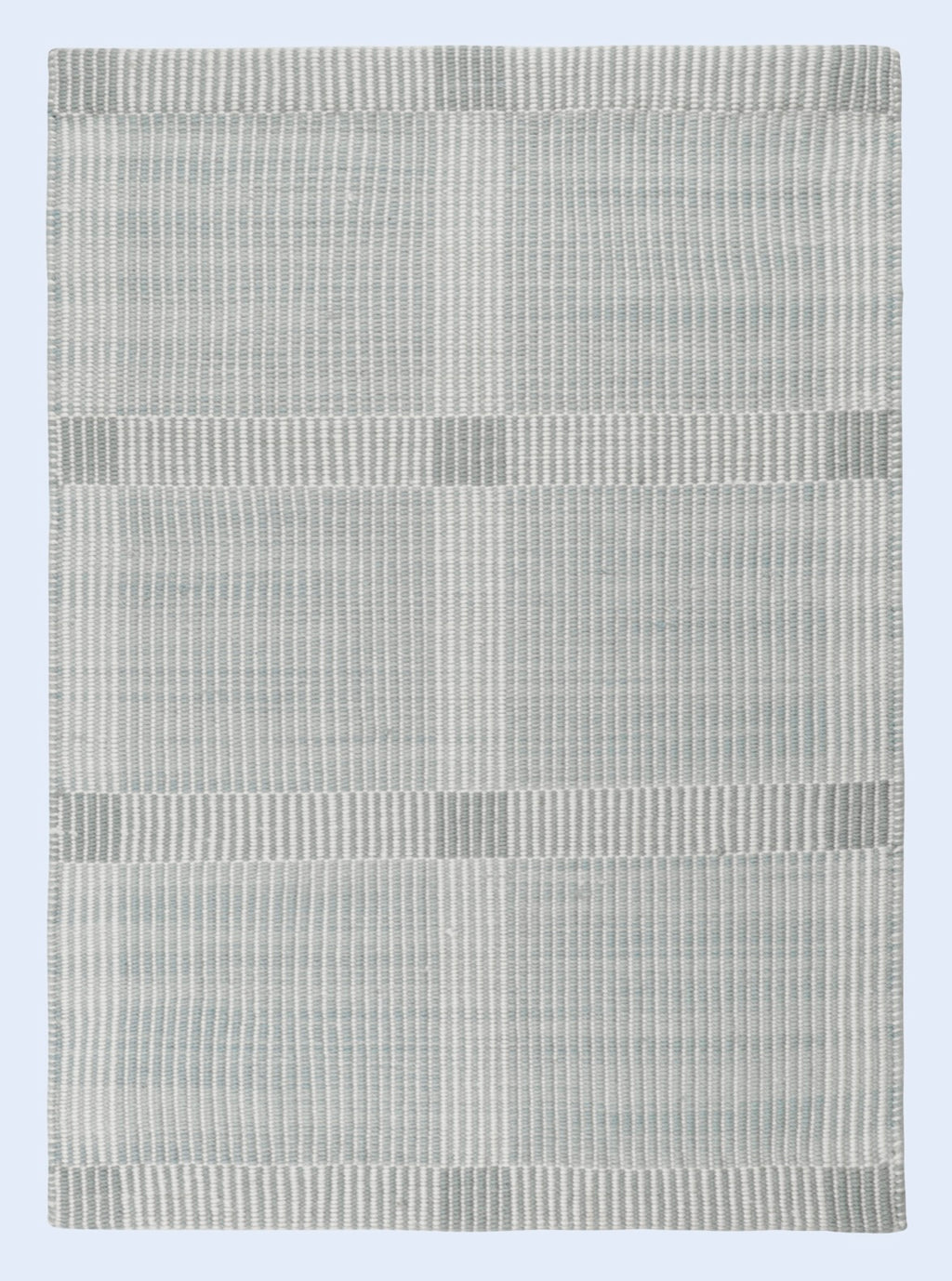 Rectangular rug with a striped pattern on a light blue background