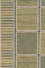 Textured rug with a pattern of squares and stripes in green and beige tones.