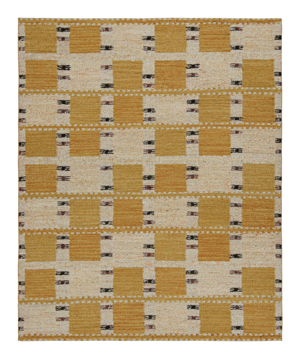 Patterned rug with a checkered design in yellow and beige on a white background