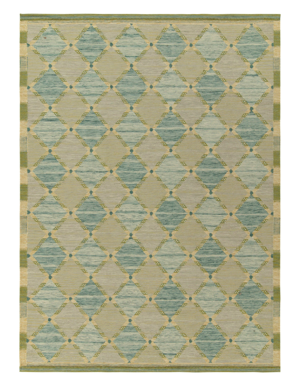 Patterned rug with geometric design in green and beige tones