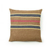 Striped pillow with brown, blue, red, and beige colors on a white background