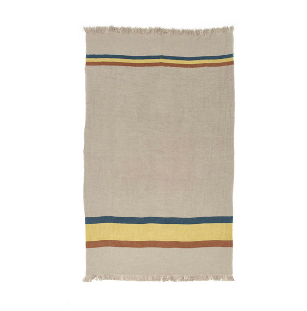Beige towel, blanket with horizontal stripes in blue, yellow, and brown on a white background