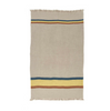 Beige towel, blanket with horizontal stripes in blue, yellow, and brown on a white background
