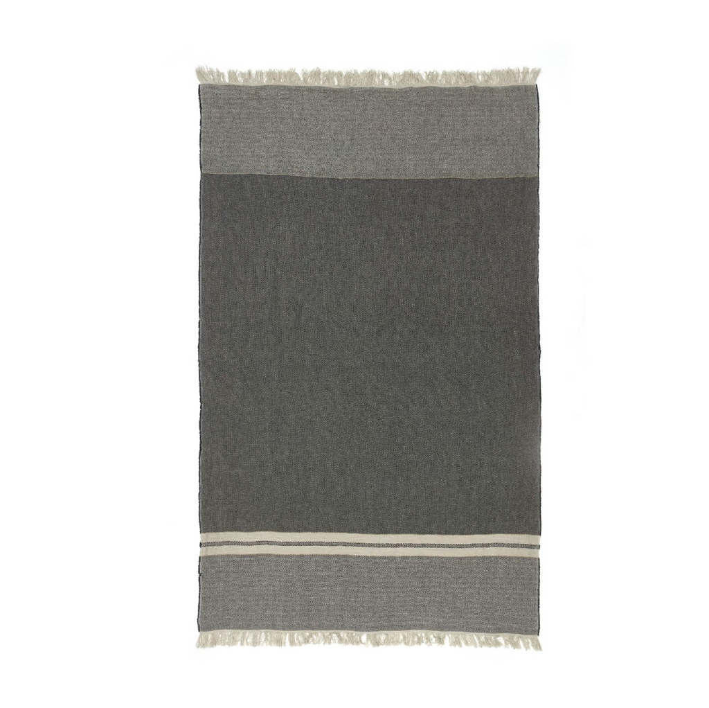 Gray blanket towel with a white border on a white background