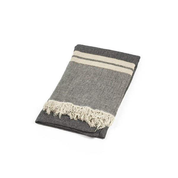 Gray towel blanket with white stripes and fringes on a white background
