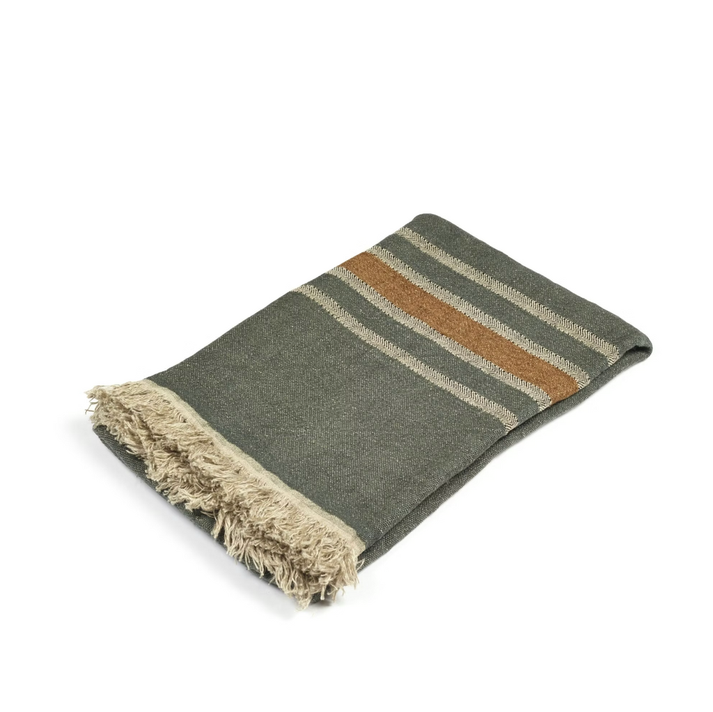Green striped blanket with frayed edges on a white background