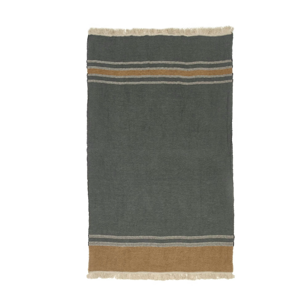 Gray towel blanket with striped border on a white background