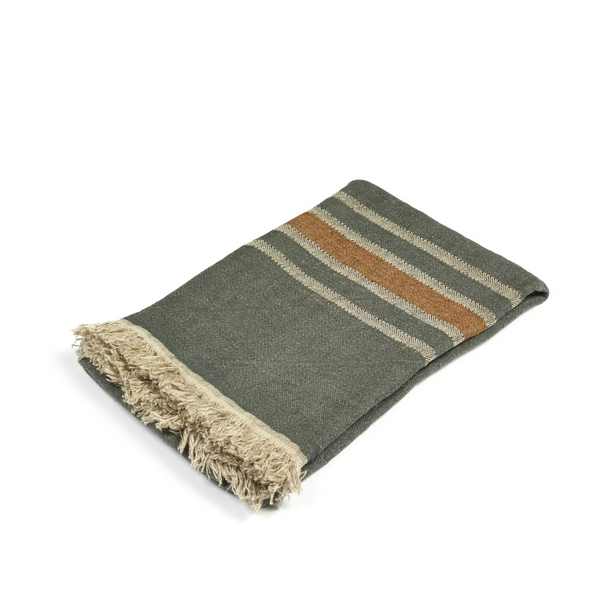 Green striped blanket with frayed edges on a white background