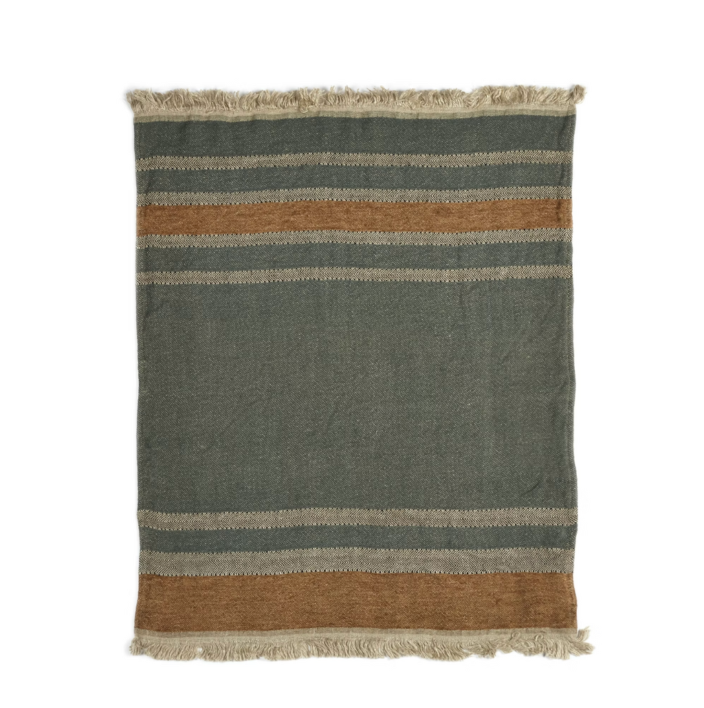 Striped woven towel blanket with fringes on a white background