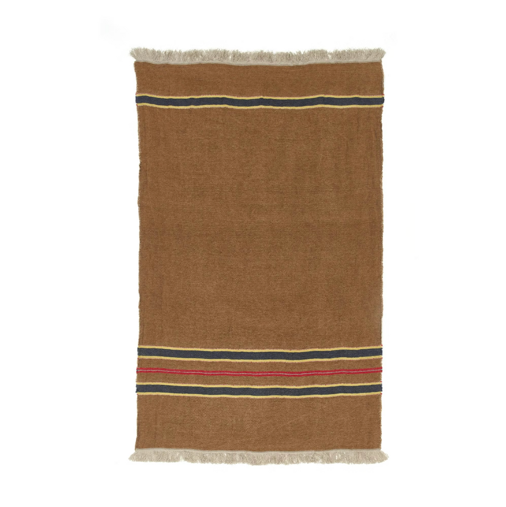 100% linen blanket with a light brown color and stripes. 