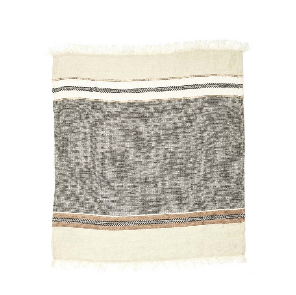Textile with horizontal stripes in gray, beige, and white on a white background
