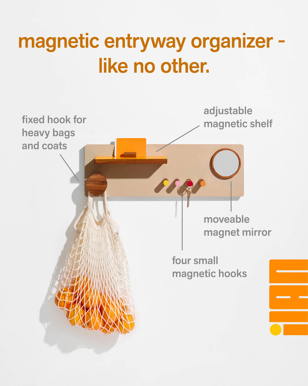 Magnetic entryway organizer with features highlighted on a white background