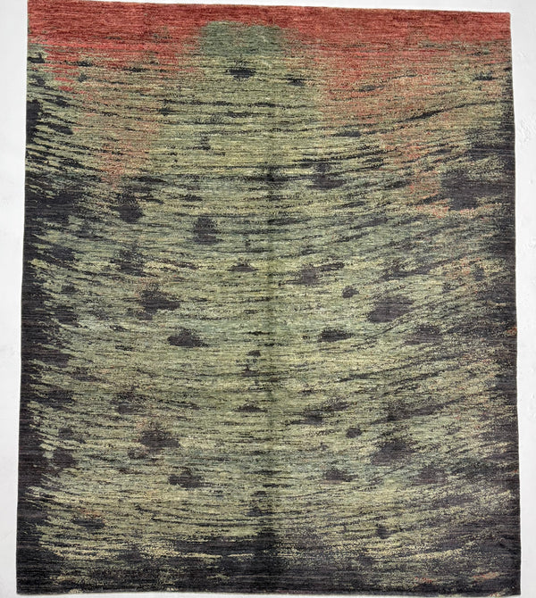 Textured rug with a mix of green, black, and red colors on a white background