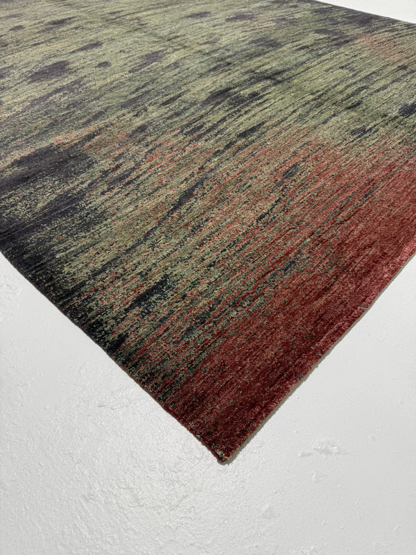 Textured rug with multicolor pattern on a white wall