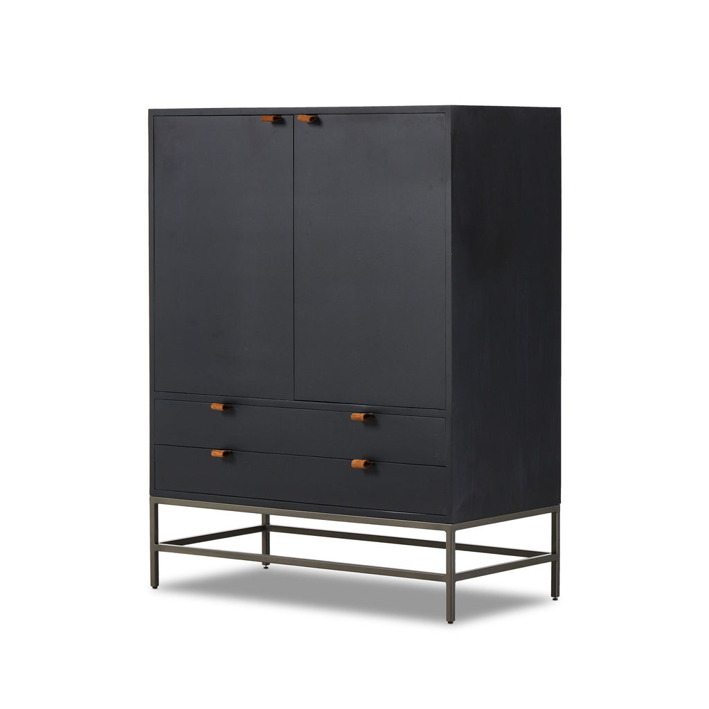 Black cabinet with two doors and two drawers on a white background