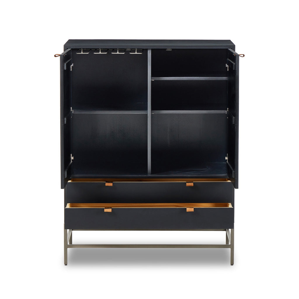 Black cabinet with open doors on a white background
