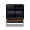 Black cabinet with open doors on a white background