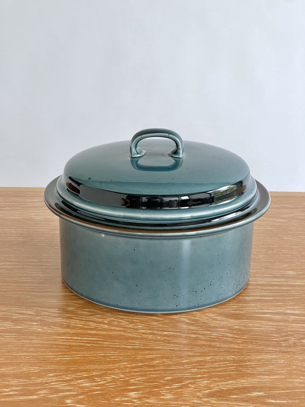 Teal enameled cast iron roaster with lid on a wooden surface