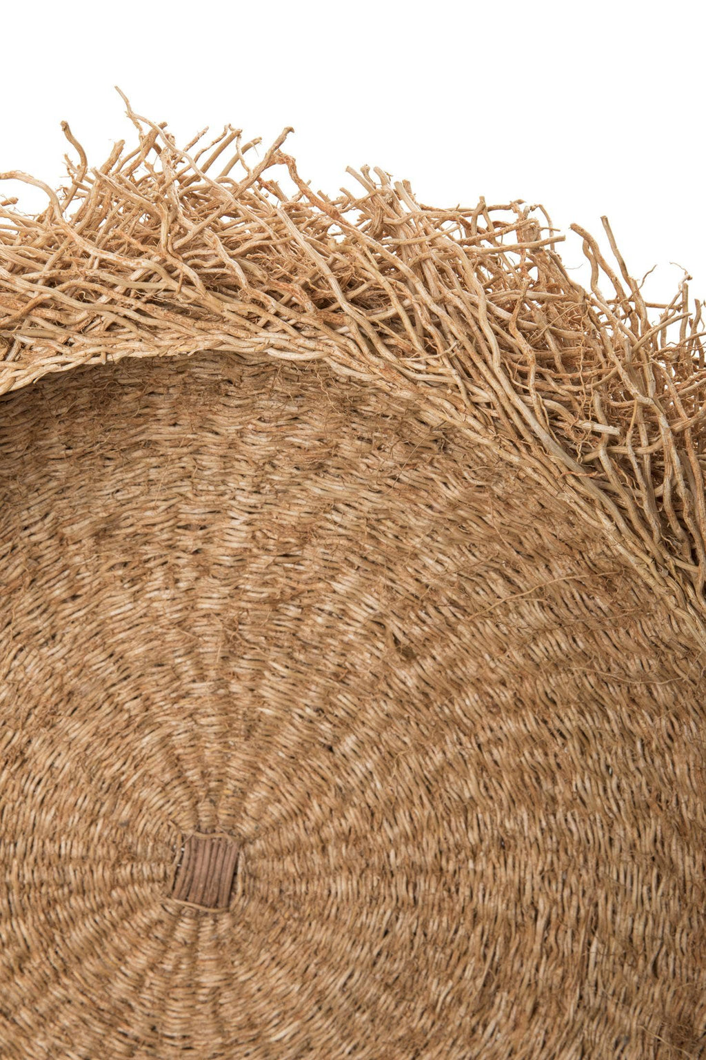 Close-up of a woven straw mat with natural brown color on a white background