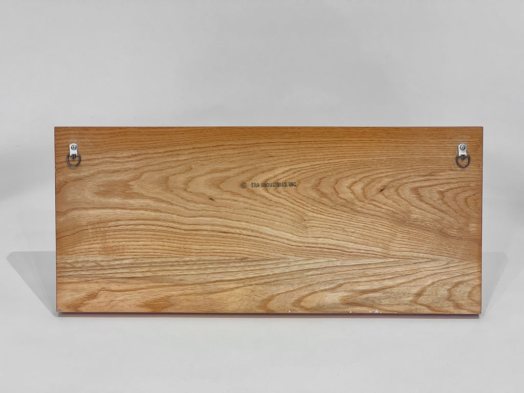 Wooden sign with metal hooks with stamp that says Era Industries Inc.