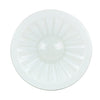 Round glass table top with a white rim on a white background