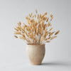 Wooden vase with dried beige flowers on a light gray background